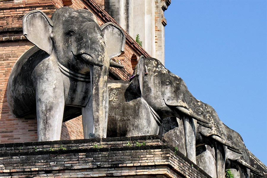 Les statues d'éléphants au Wat Chedi Luang