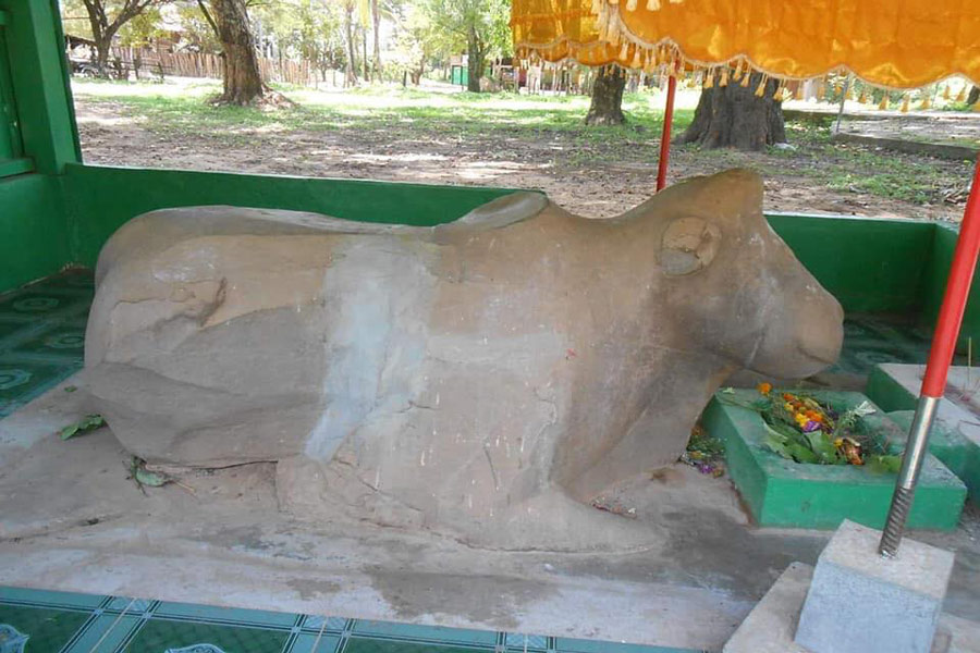 Statue de vache au temple de Preah Ko - un animal sacré dans l'hindouisme